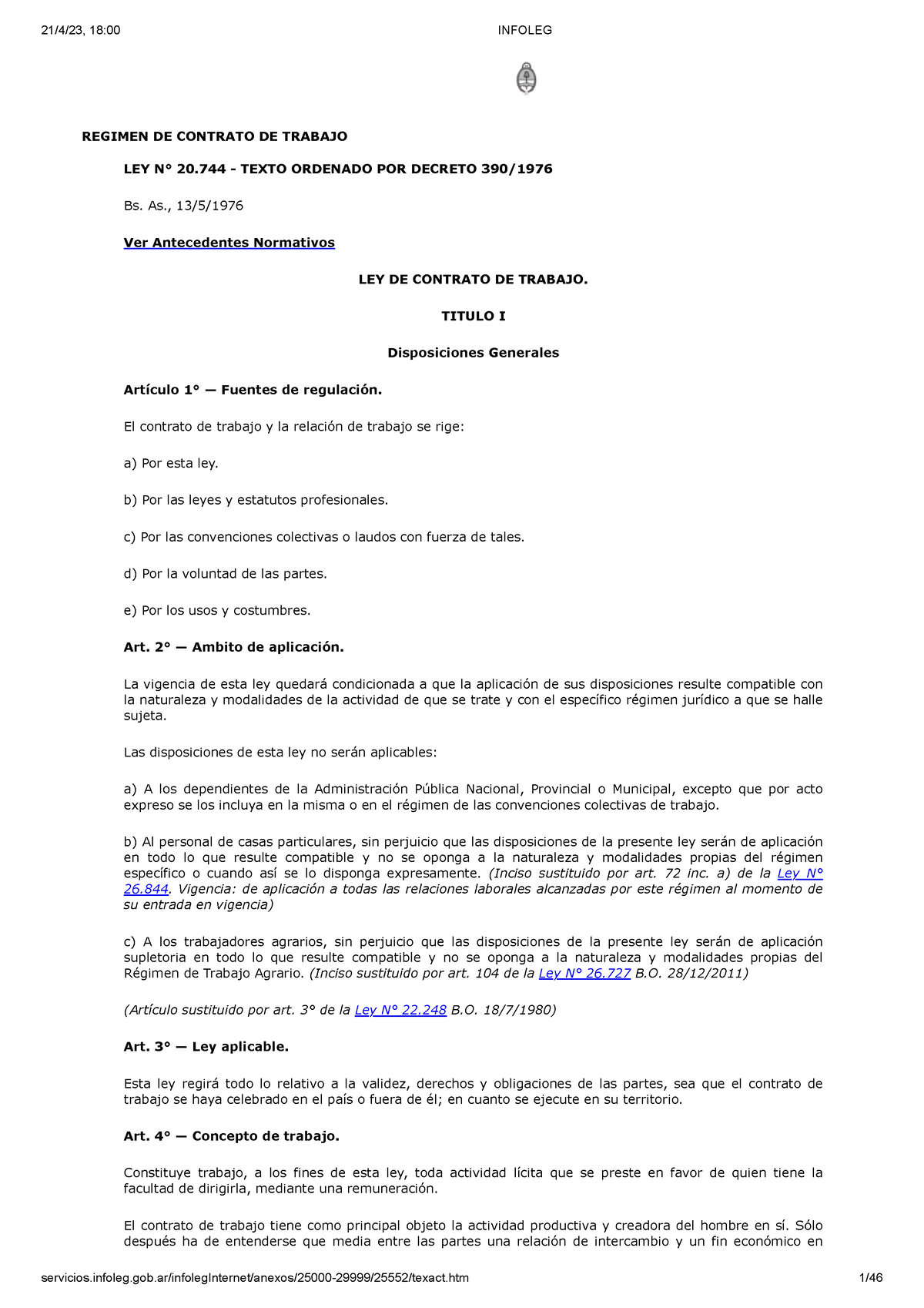 Ley 20.744 - Ley De Contrato De Trabajo - Texto Actualizado - REGIMEN ...