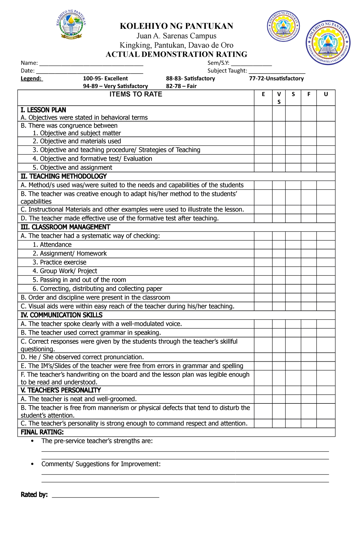 Rubrics for Demonstration Teaching M116 - KOLEHIYO NG PANTUKAN Juan A ...