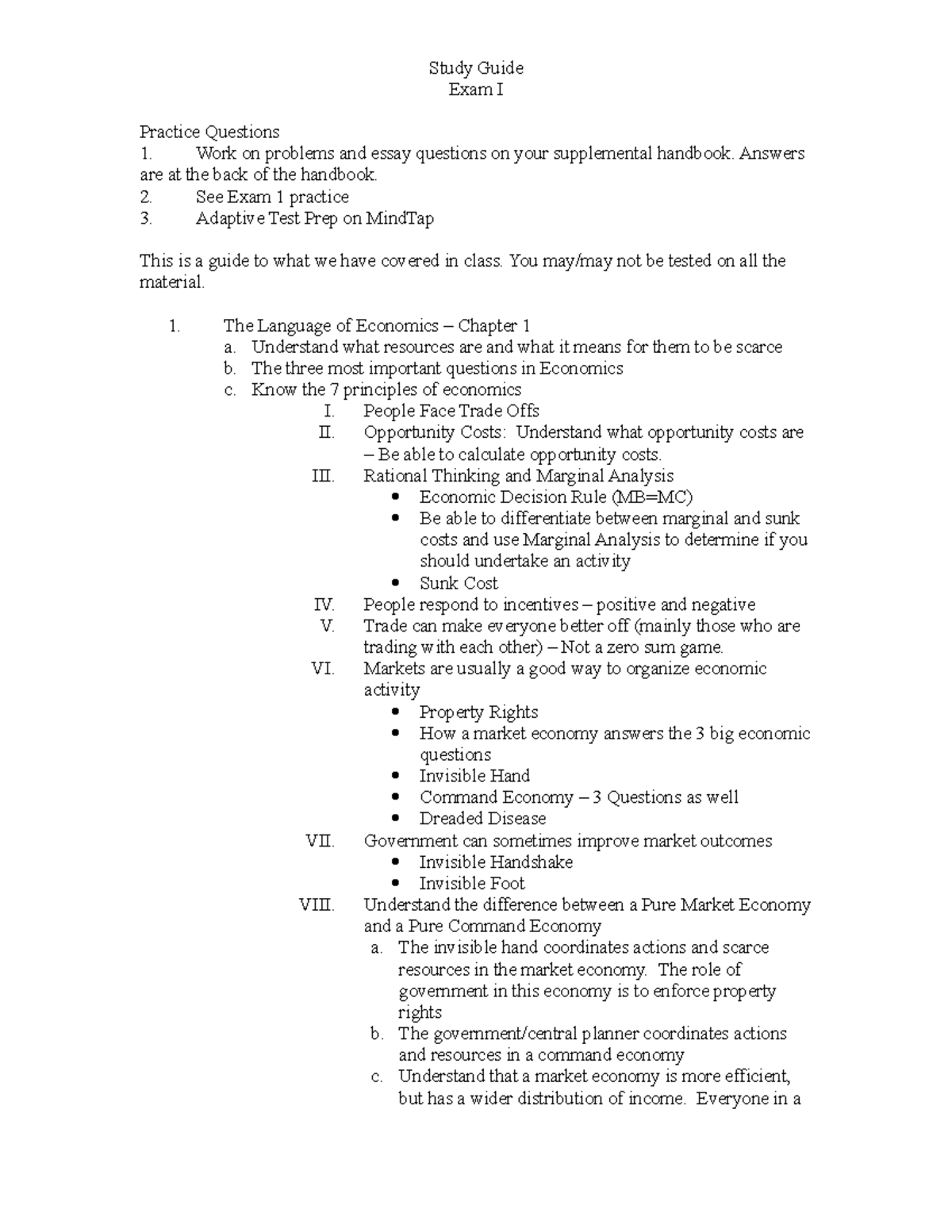 Study Guide, Exam I - Study Guide Exam I Practice Questions Work on ...