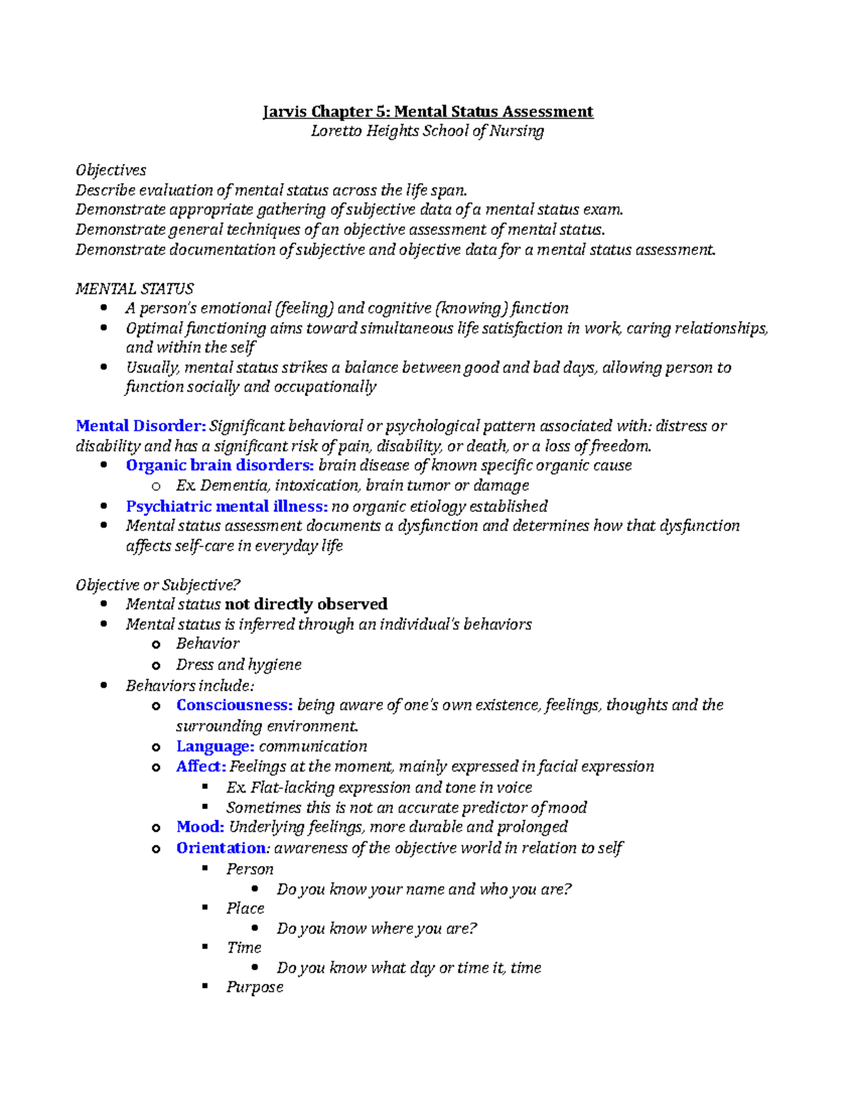 Chapter 05 Mental Health Assessment Notes - Jarvis Chapter 5: Mental ...