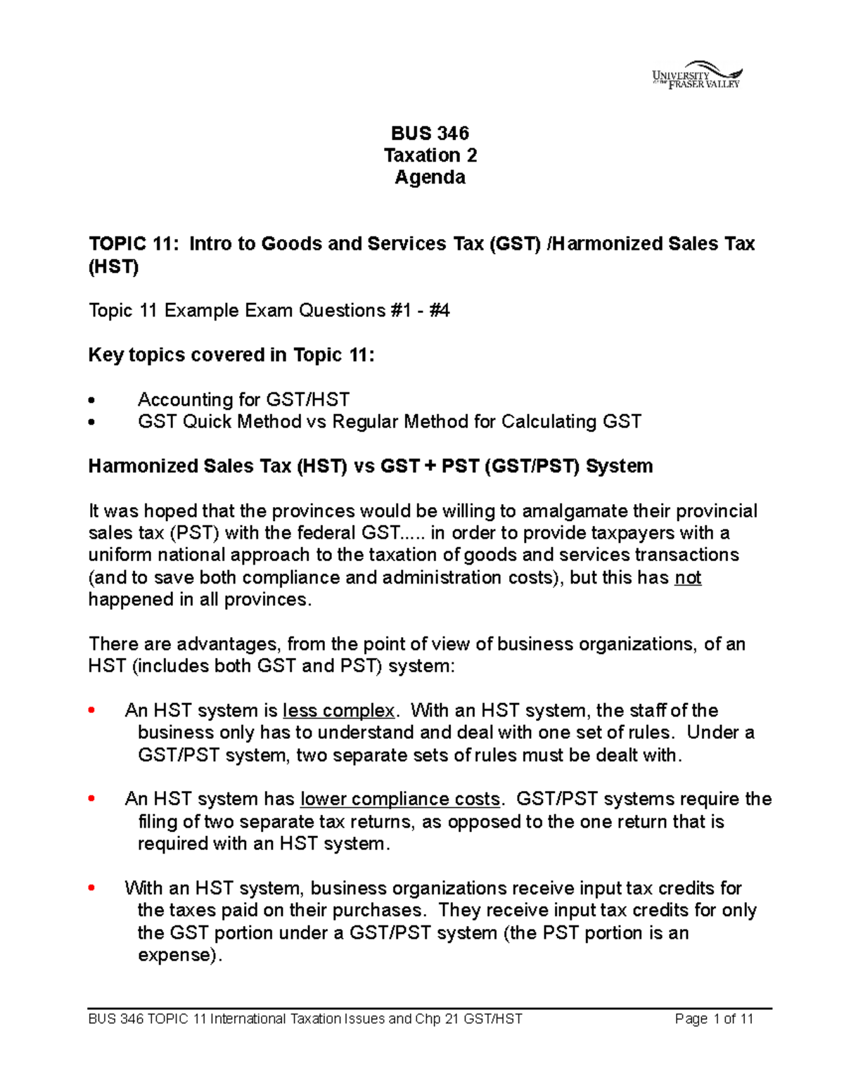 BUS 346 Topic 11 GST and HST - KL - BUS 346 Taxation 2 Agenda TOPIC 11 ...