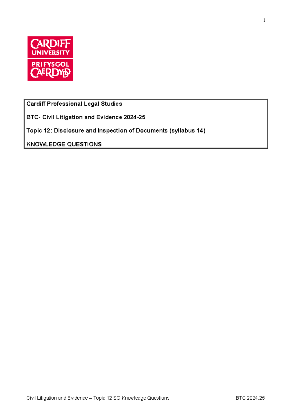 Topic 12 Knowledge Questions 2425 - Cardiff Professional Legal Studies ...