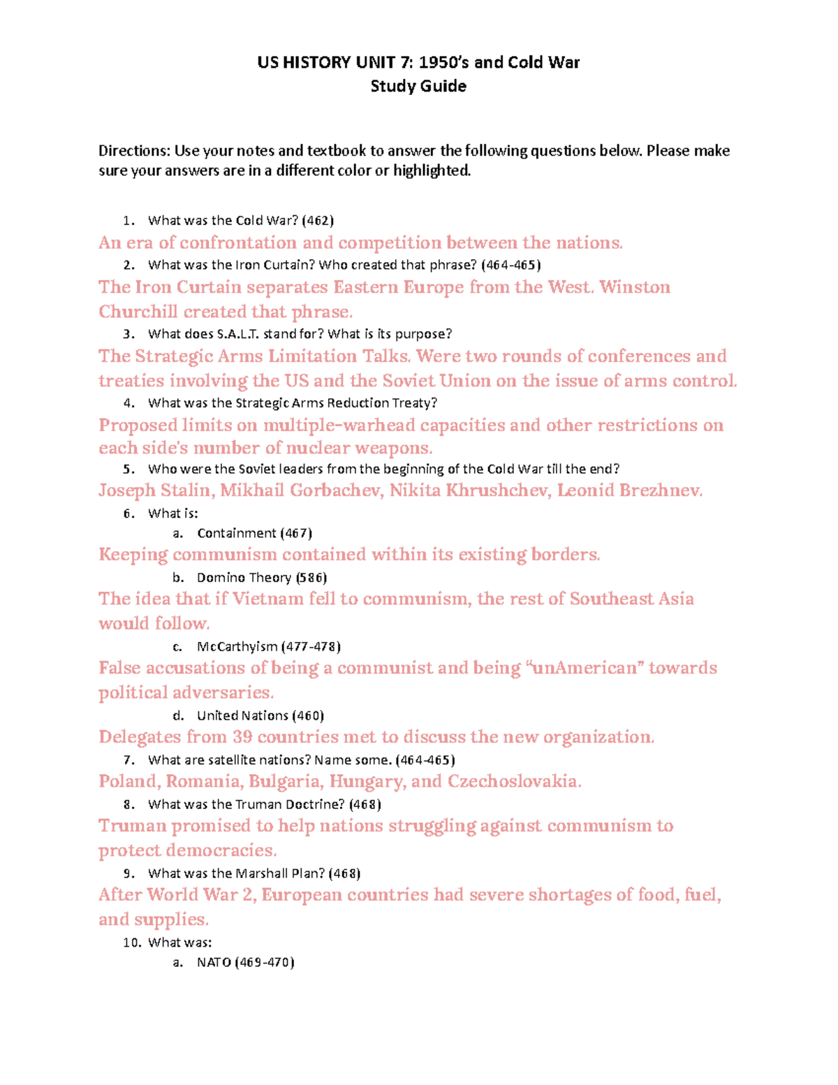 UNIT 7 1950’s and Cold War Study Guide - US HISTORY UNIT 7: 1950’s and ...