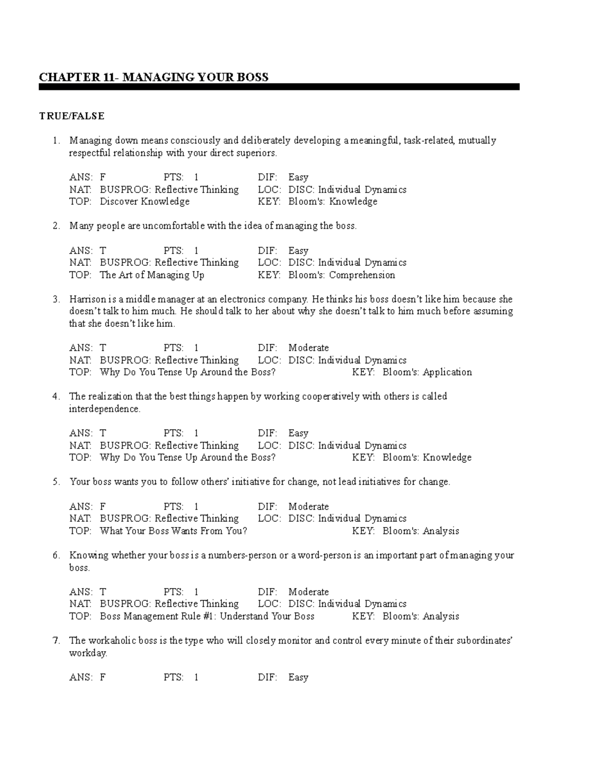 Chapter 11 capretta CHAPTER 11 MANAGING YOUR BOSS TRUE/FALSE