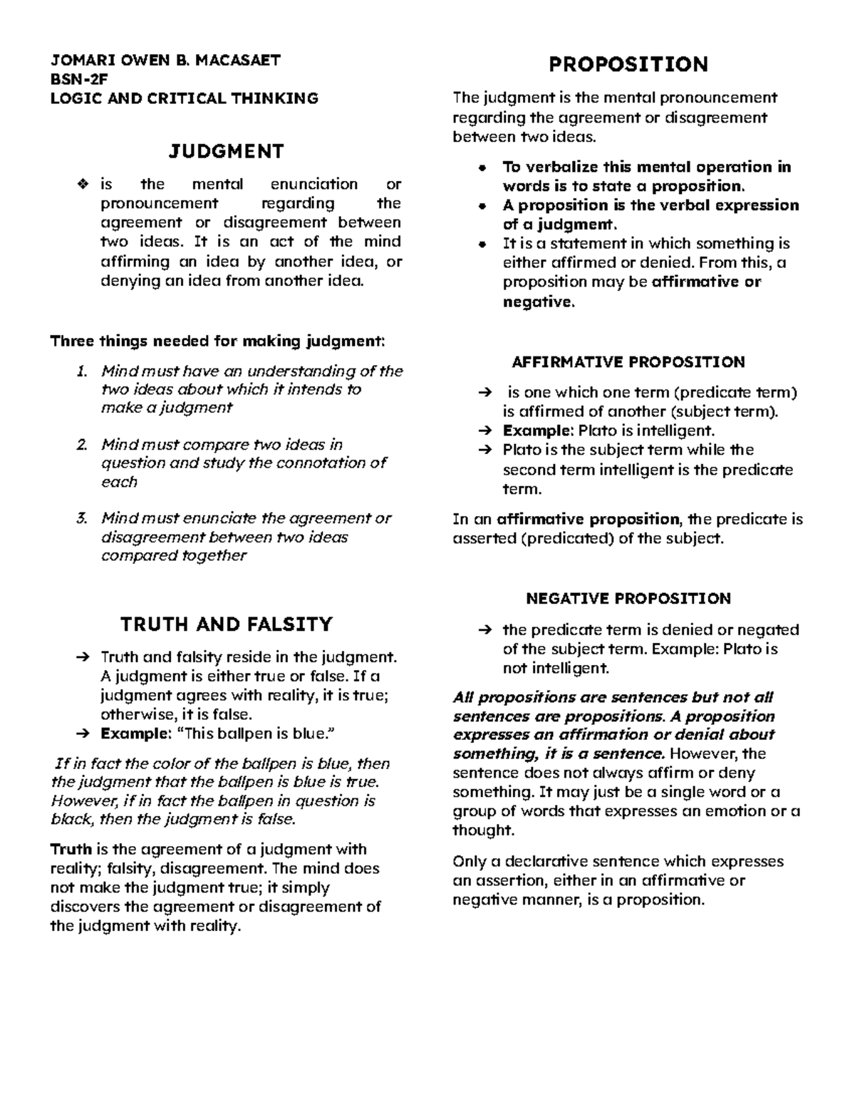 Logic Midterm - JOMARI OWEN B. MACASAET BSN-2F LOGIC AND CRITICAL ...