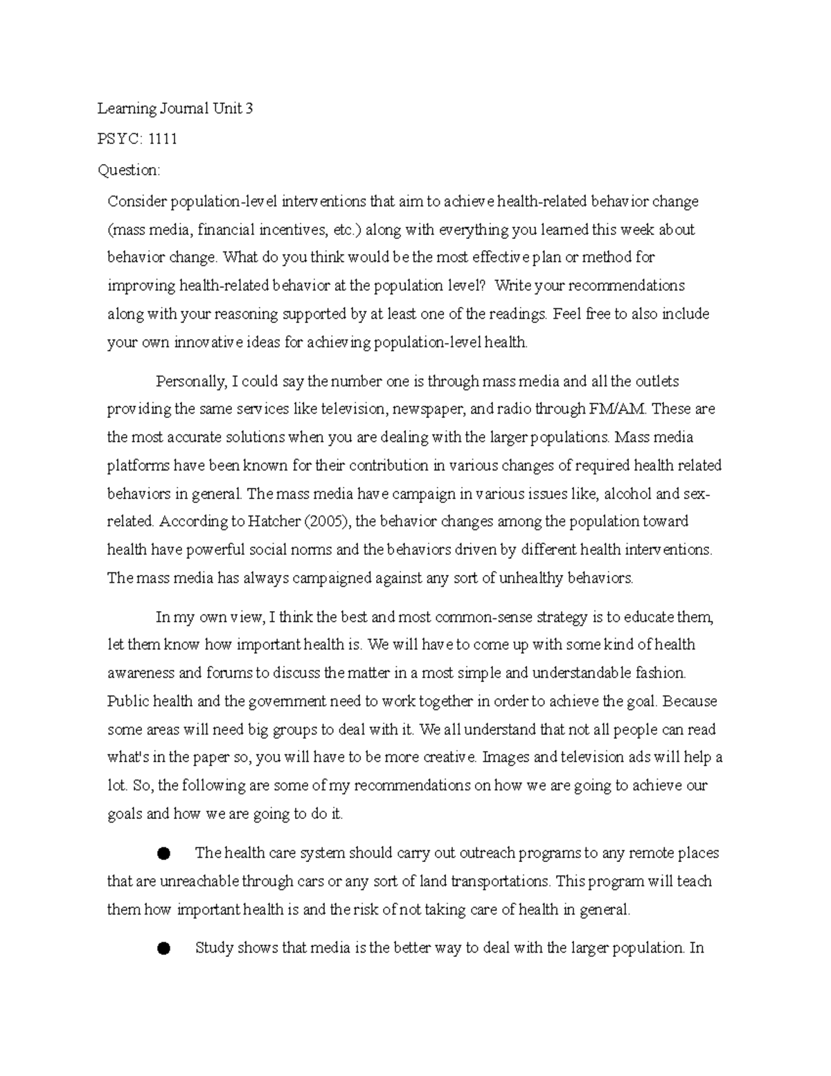 Document 44 - tutorial works - Learning Journal Unit 3 PSYC: 1111