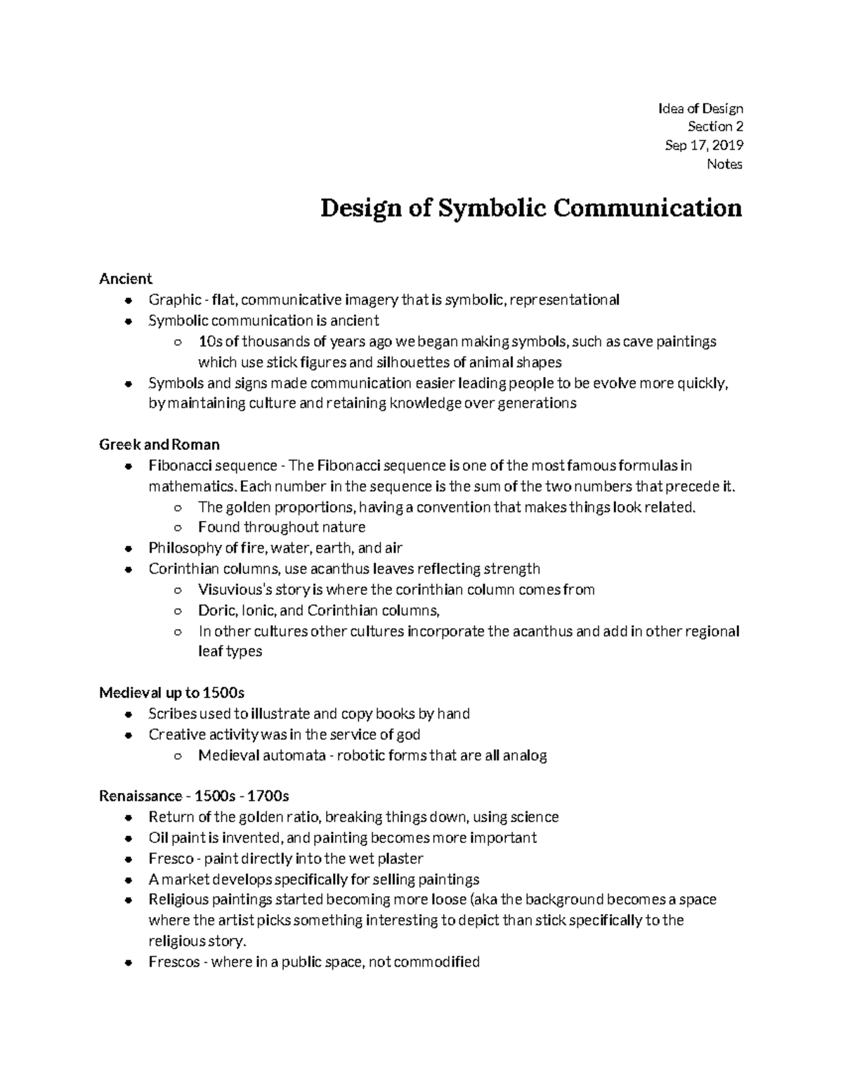 0924 Notes History of Art 60000 BC to 1940AD Idea of Design Section