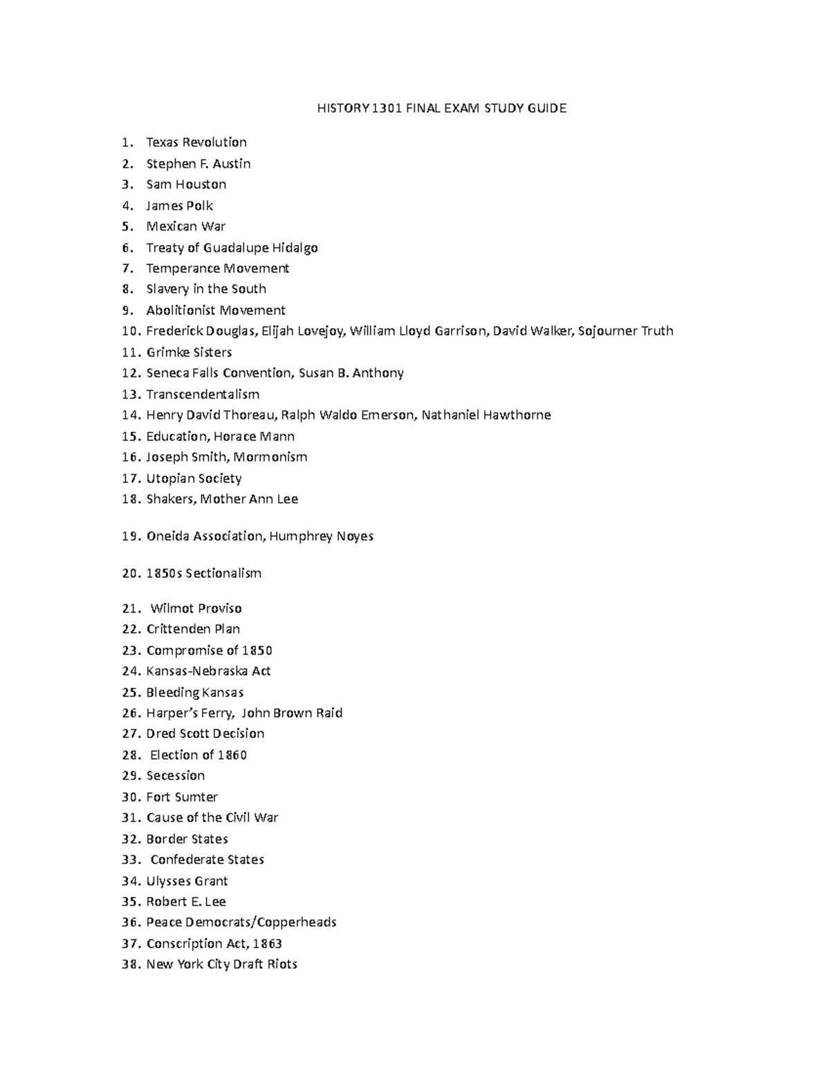 History 1301 Final Exam Study Guide HISTORY 1301 FINAL EXAM STUDY