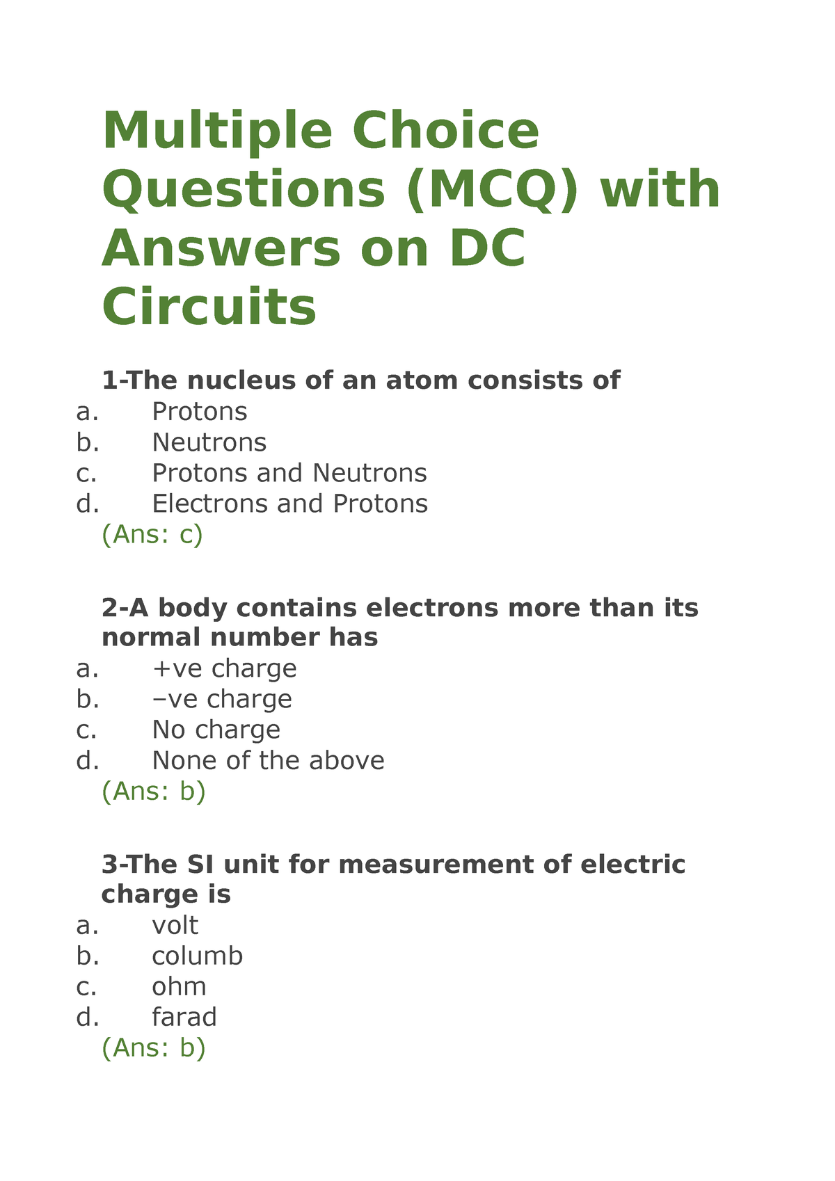 Ece131 - Egddfhb - Multiple Choice Questions (MCQ) With Answers On DC ...