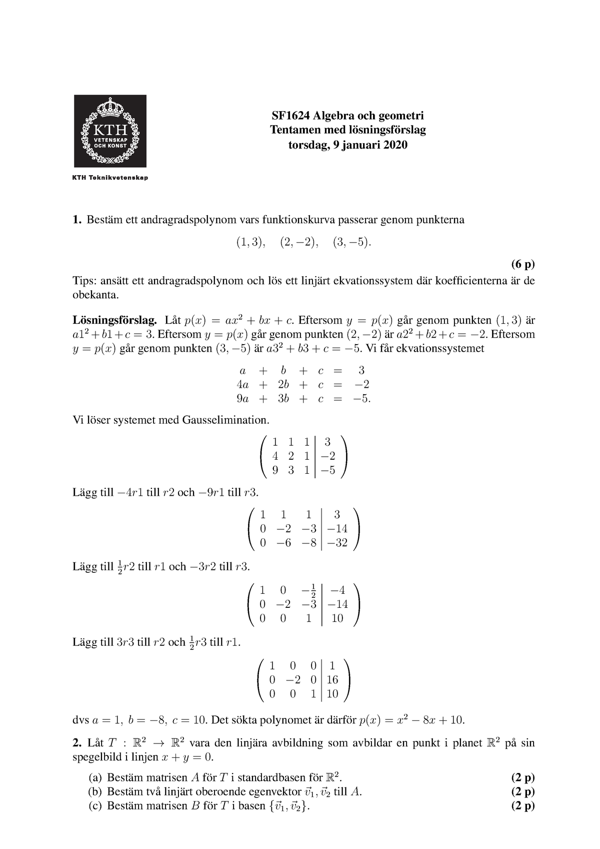 Losningar-9 - Linjär Algebra Tfys, Lösningar - SF1624 Algebra Och ...