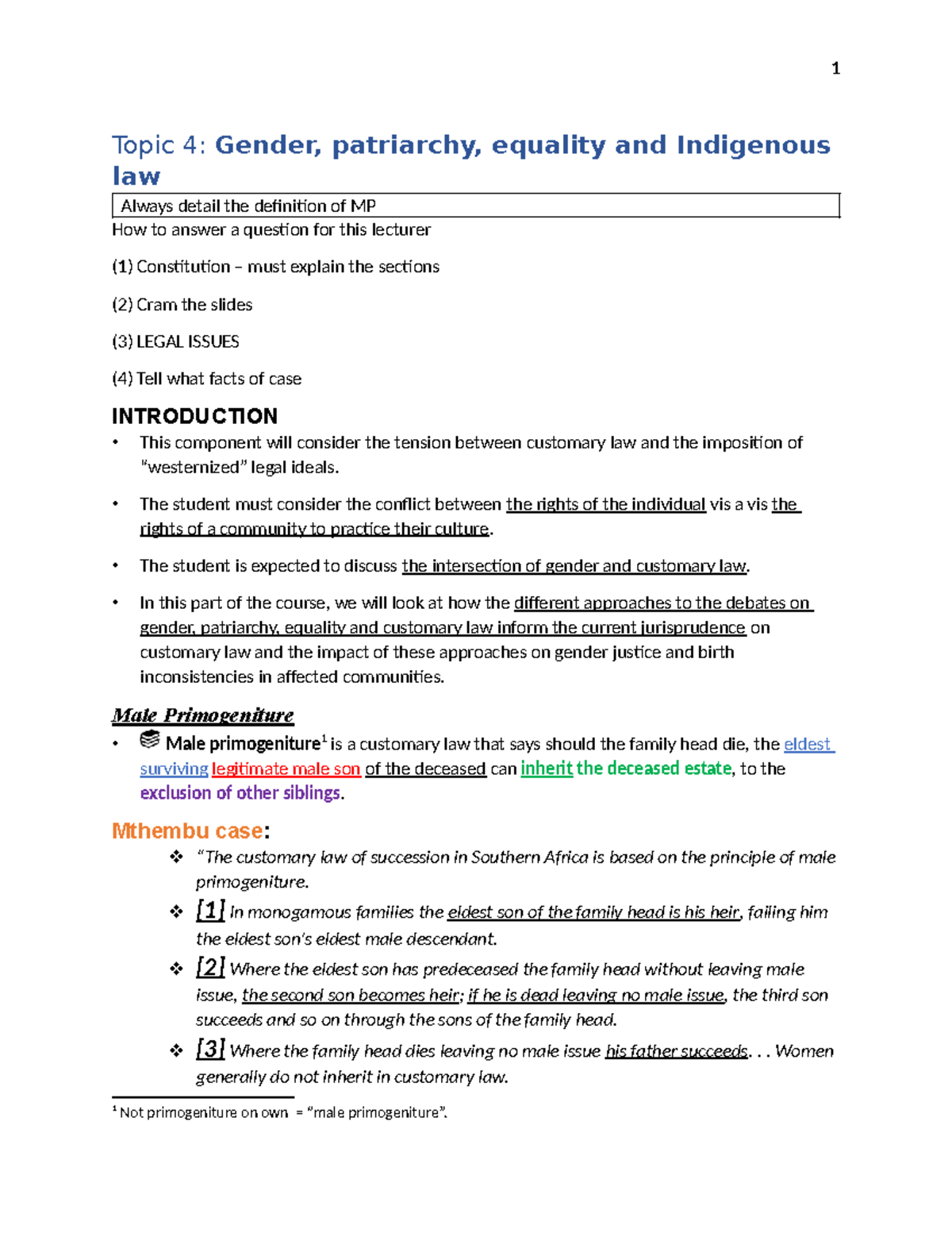 Customary Law Notes Tp 4 Gender Patriarchy Equality And Indigenous Law Topic 4 Gender Customary Law Notes Tp 4 Gender Patriarchy Equality And Indigenous Law Topic 4 Gender