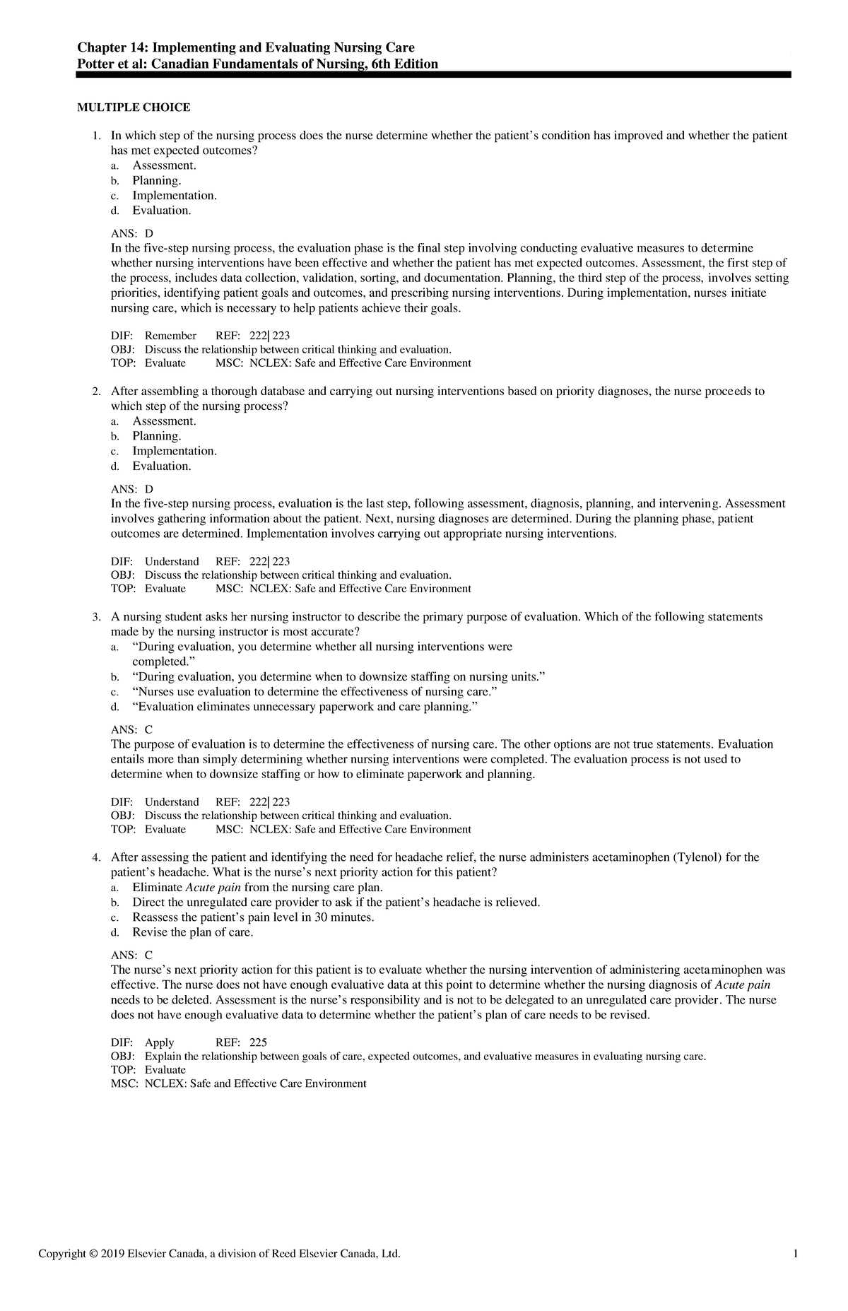 Exam View - Chapter 014 Implementing and Evaluating Nursing Care ...
