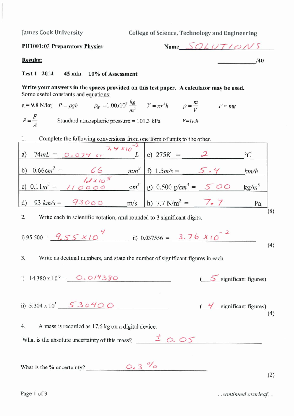 Exam 2014, questions and answers - test 1-3 - PH1001:03 - Preparatory ...