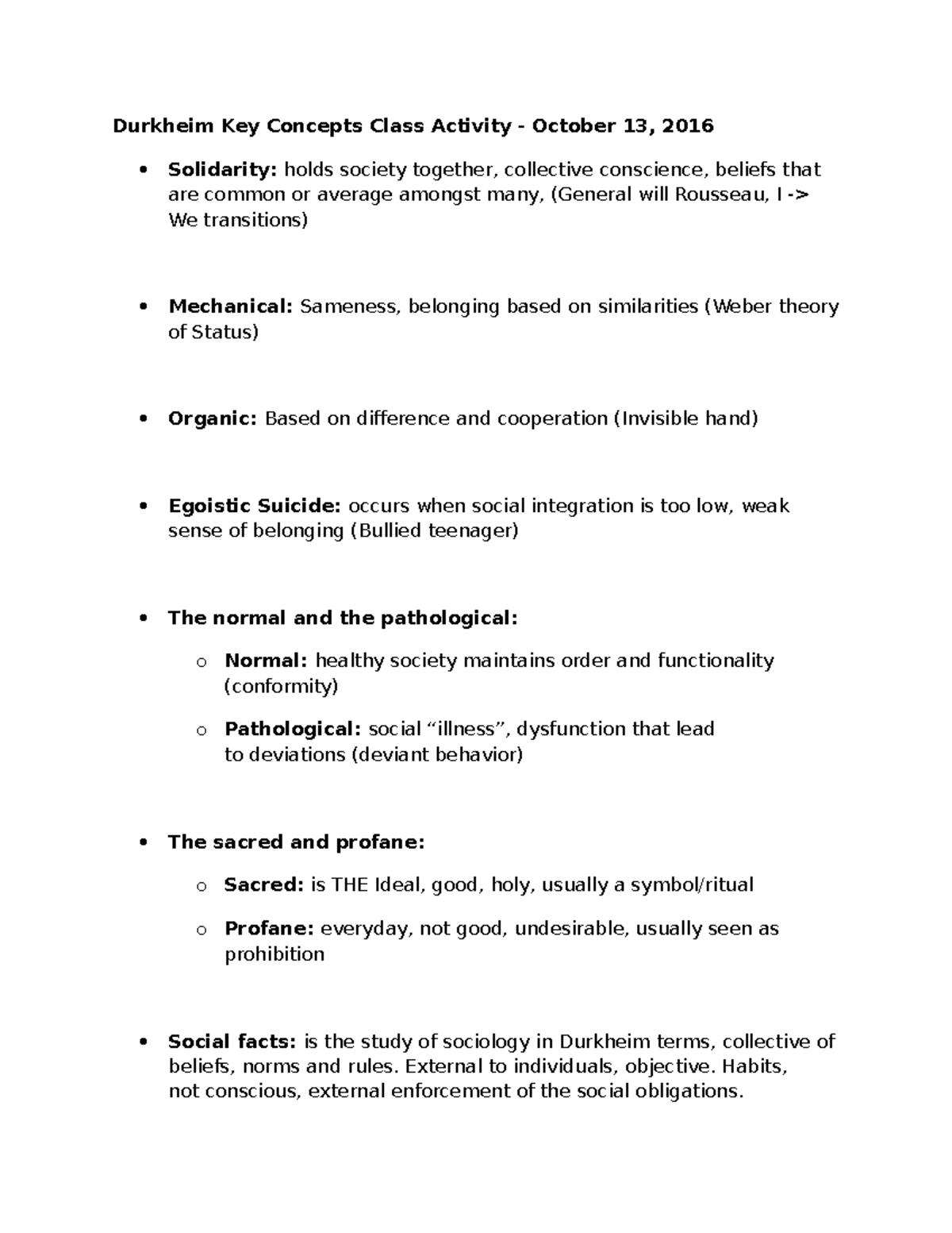 Durkheim Key Concepts Class Activity 2 - External to individuals ...
