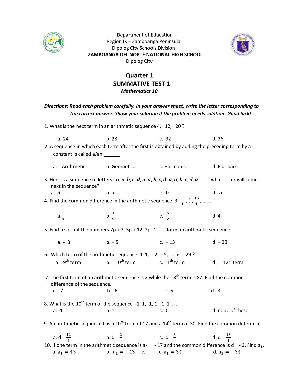 Mat10 Q1 Summative Test1 Department Of Education Region Ix ‒ Zamboanga Peninsula Dipolog City 4100