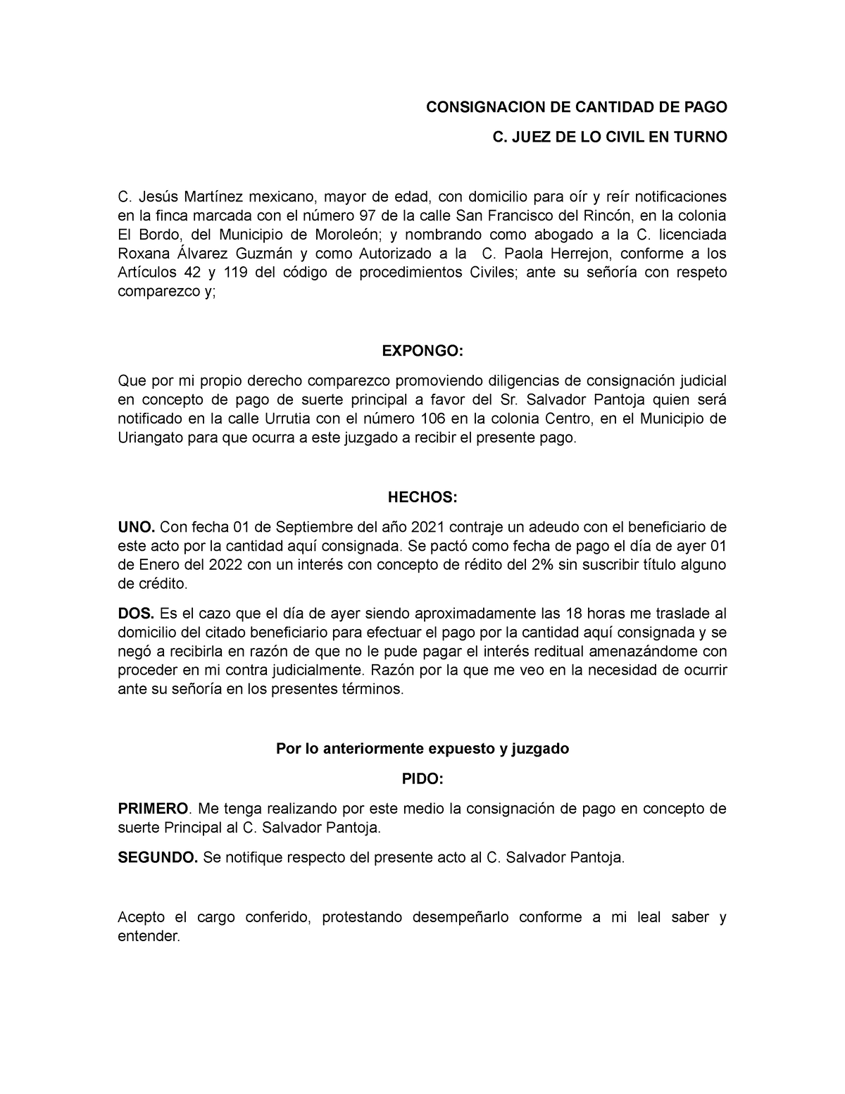 Consignacion De Pago Consignación De Pago Consignacion De Cantidad De Pago C Juez De Lo 4896