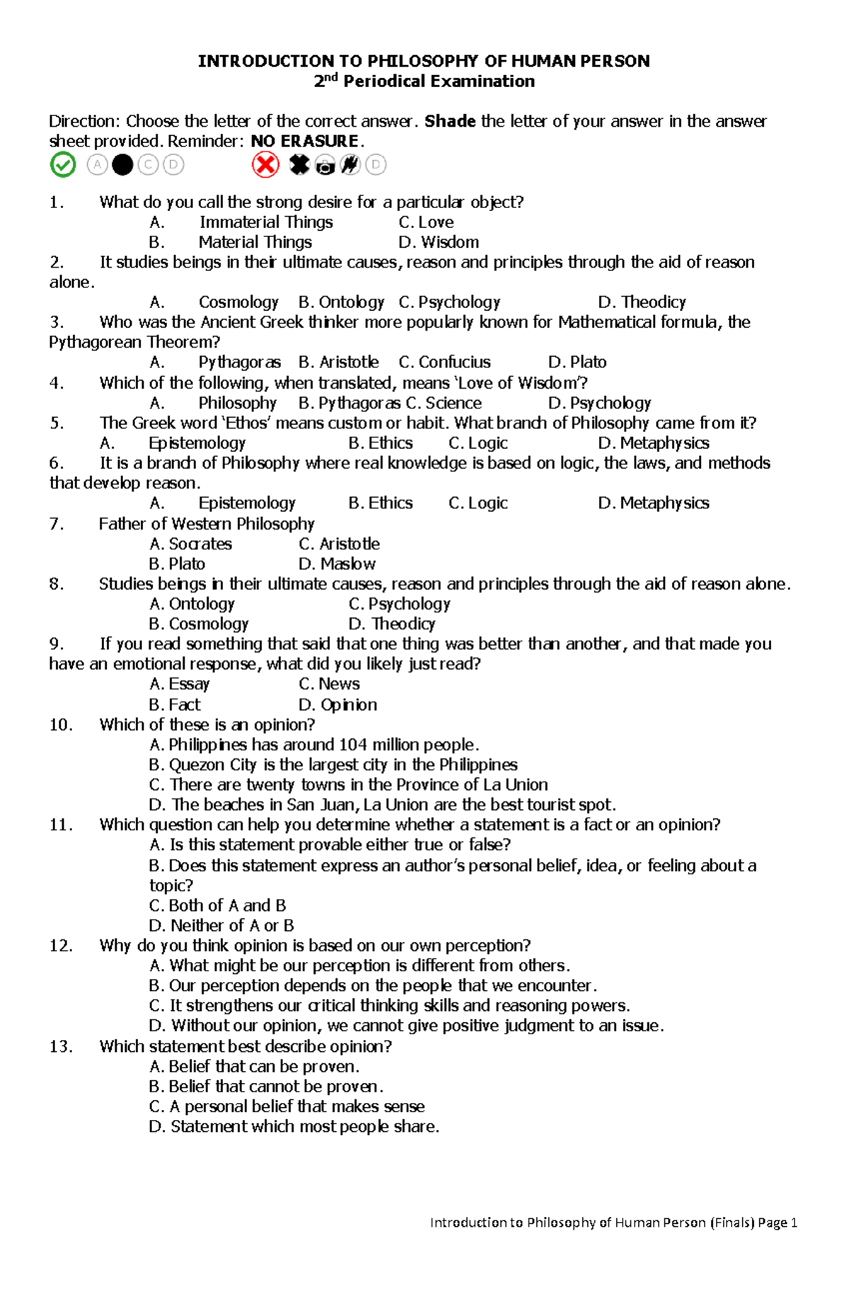 Introduction TO Philosophy OF Human Person TEST 2024 - Introduction to ...