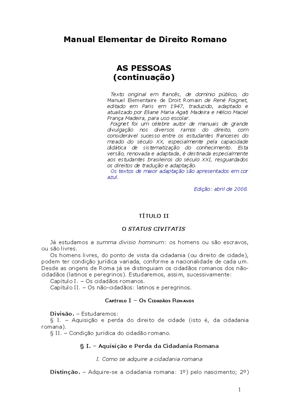 Direito Romano Status Civitatis - Manual Elementar de Direito Romano AS ...