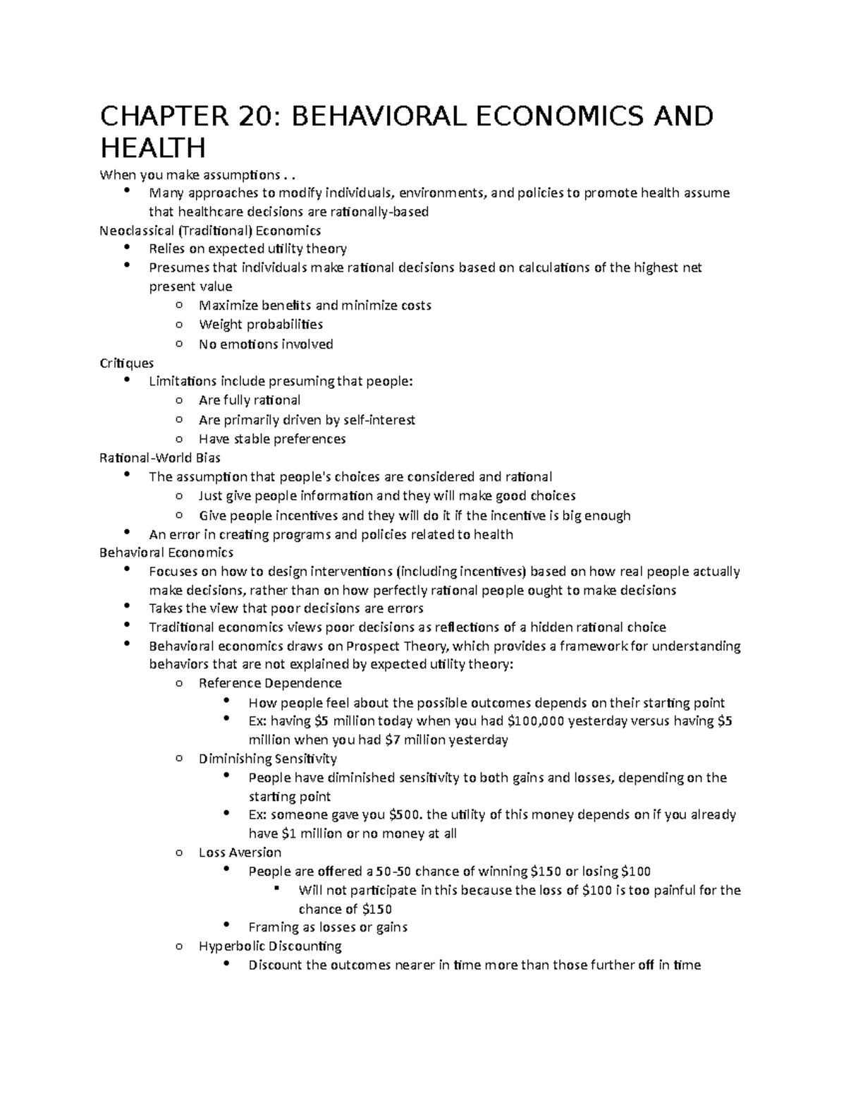 Ch 20 - lecture notes - CHAPTER 20: BEHAVIORAL ECONOMICS AND HEALTH ...