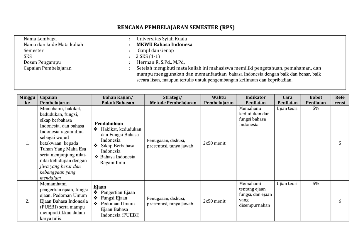 Rencana Pembelajaran Semester Bahasa Indonesia - RENCANA PEMBELAJARAN ...