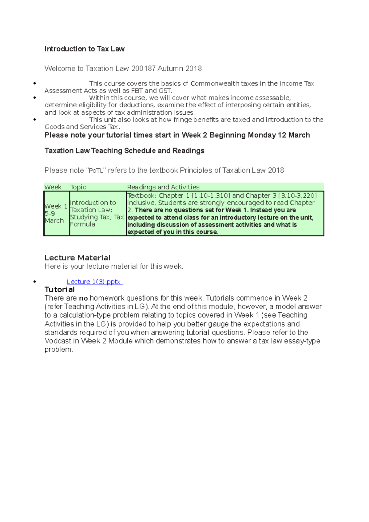 Week 1 Introduction to Tax Law - Introduction to Tax Law Welcome to ...