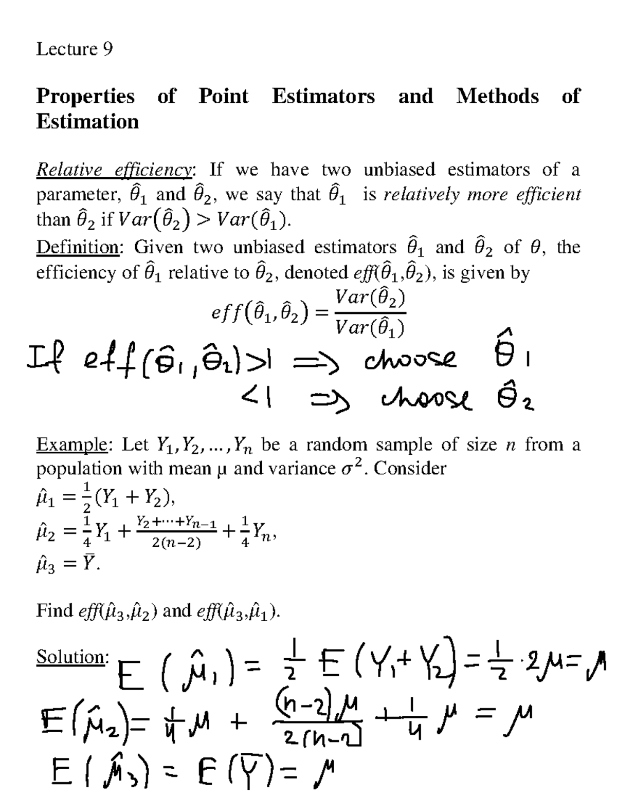 Sta255 Lecture 9 Lecture 9 Properties of Point Estimators and Methods
