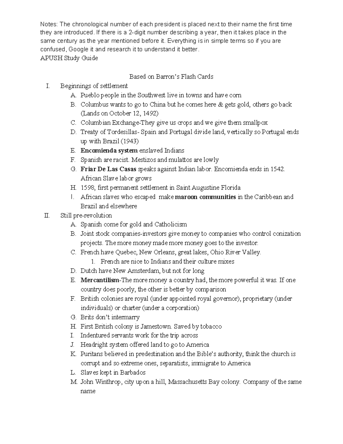 USH Exam Study Guide - Notes: The chronological number of each ...