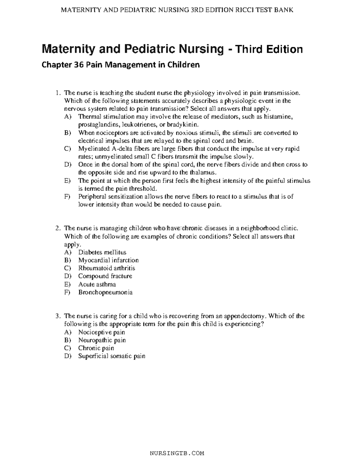 Ricci Chapter 36 important test questions NURSINGTB Maternity and Pediatric Nursing Third