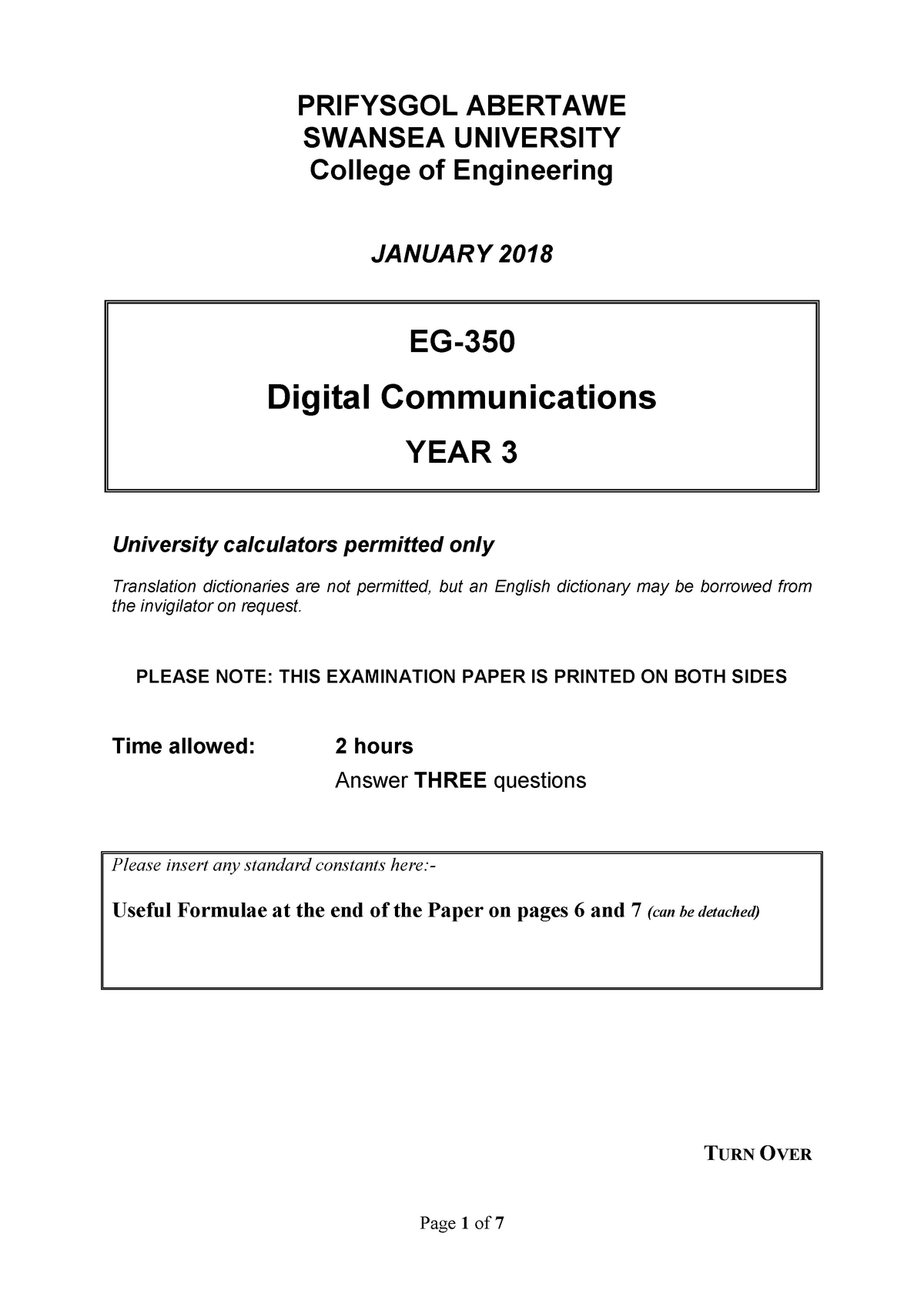 Exam 2017, Questions - PRIFYSGOL ABERTAWE SWANSEA UNIVERSITY College Of ...