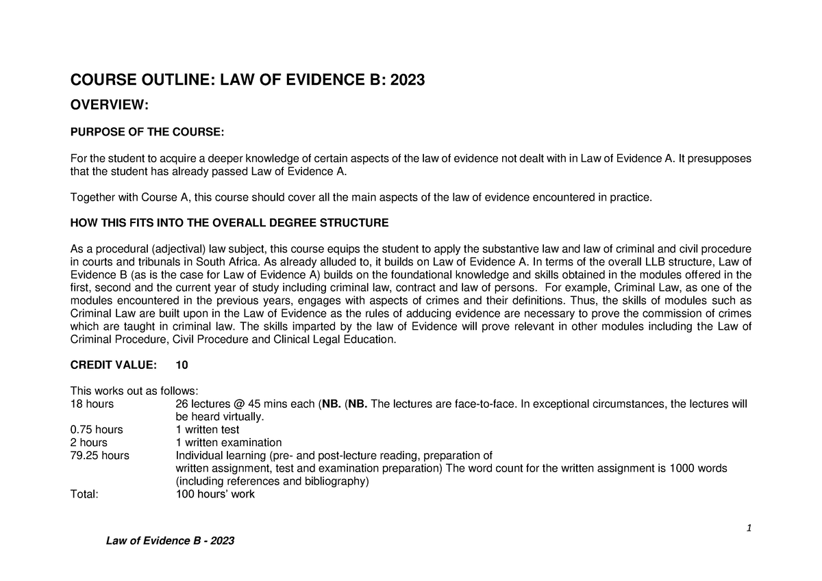 Evidence B Course Outline 2023 - 1 COURSE OUTLINE: LAW OF EVIDENCE B ...