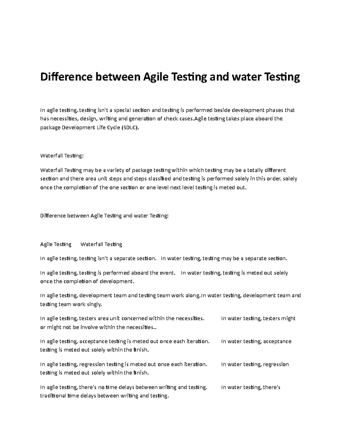 Difference between Agile Testing and water Testing Waterfall Testing