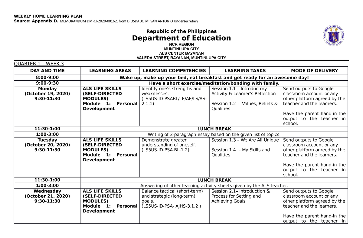 Weekly Home Learning Plan - SDM Module 1 - WEEKLY HOME LEARNING PLAN ...