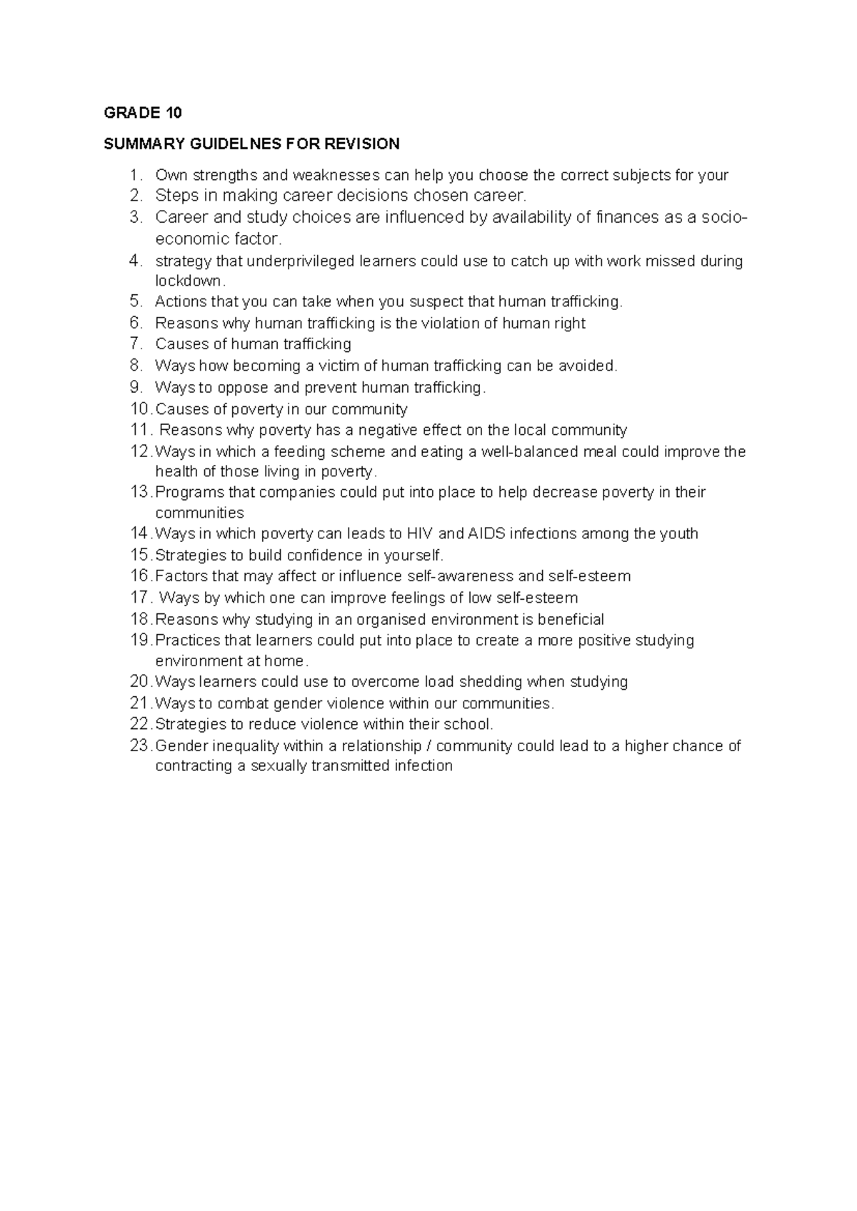 2024 Gr 10 Summary Guideline For June Exam GRADE 10 SUMMARY GUIDELNES