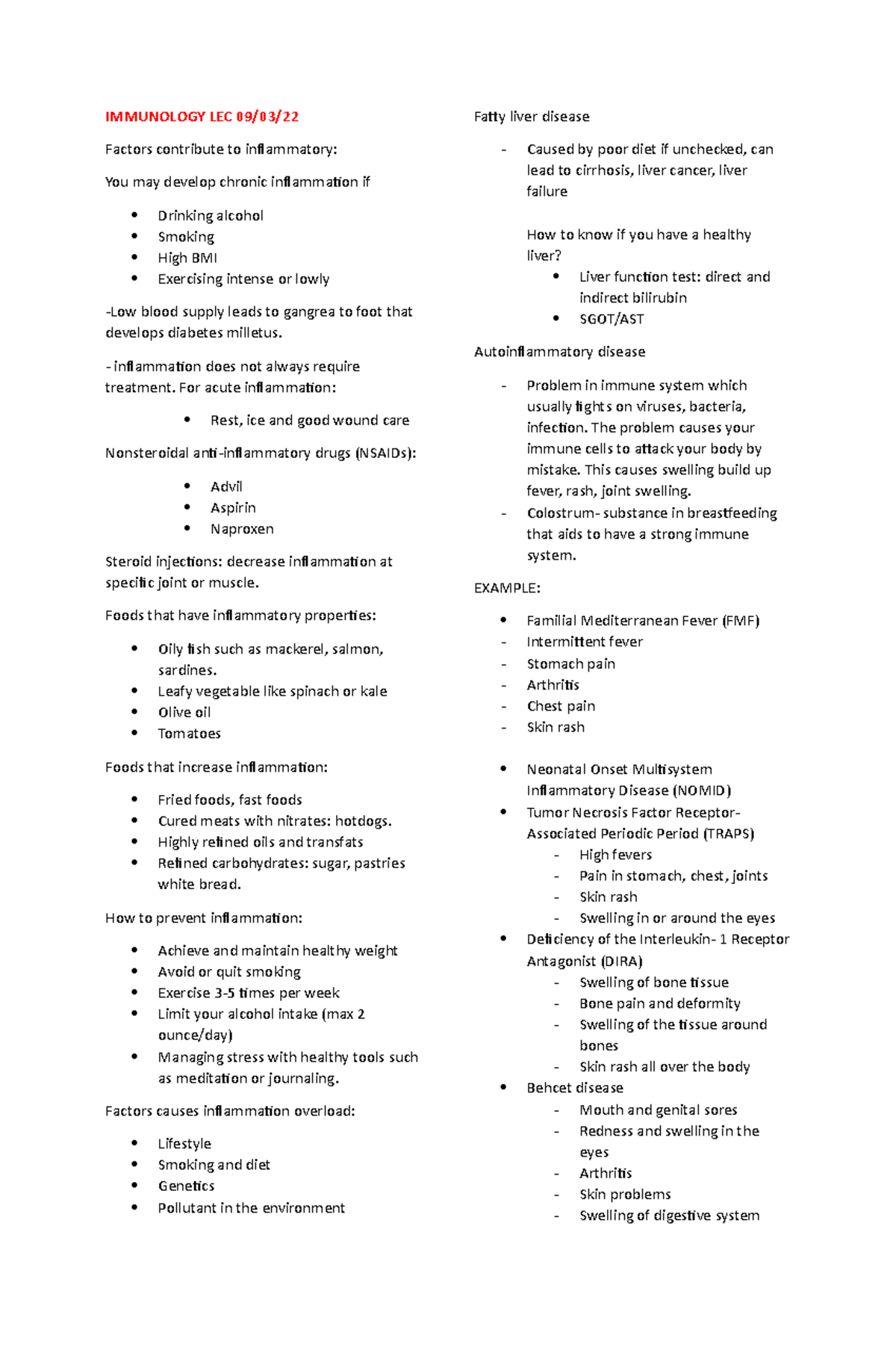 Inflammatory-notes sept-9 - IMMUNOLOGY LEC 09/03/ Factors contribute to ...