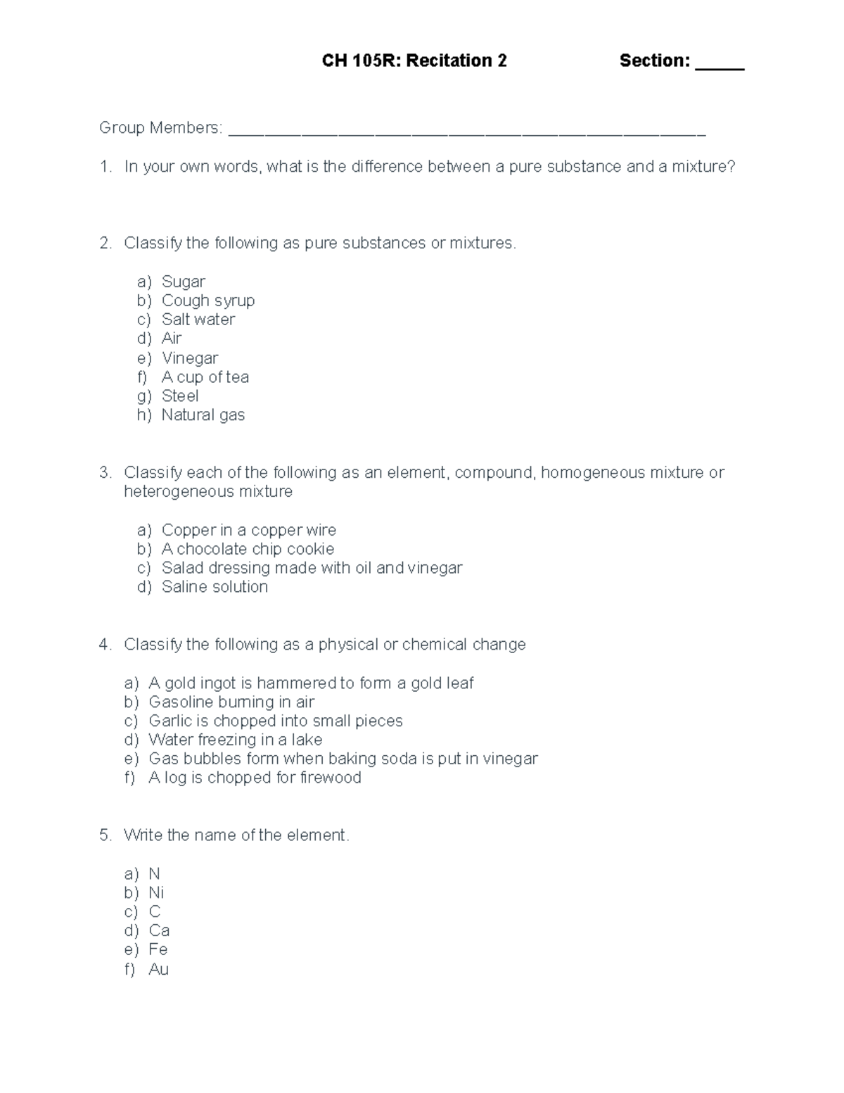 105 Recitation 2 - CH 105R: Recitation 2 Section: _____ Group Members ...