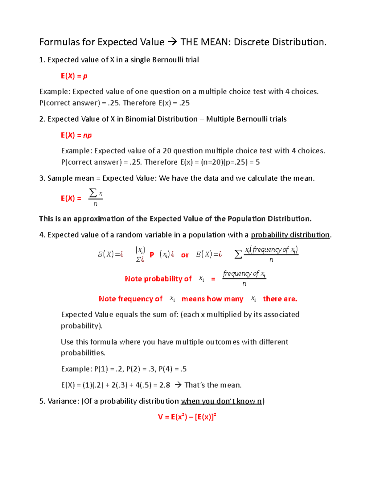 Formulas For Expected Value Studocu