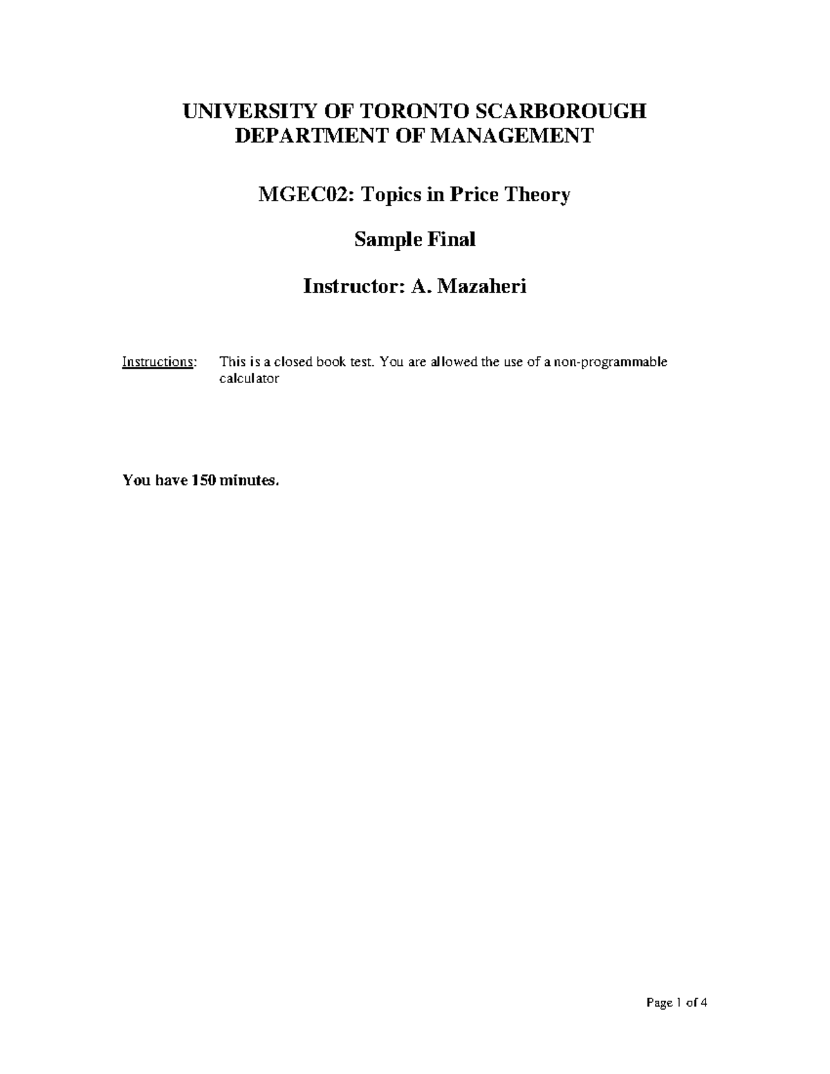 MGEC02-Sample Final - UNIVERSITY OF TORONTO SCARBOROUGH DEPARTMENT OF ...