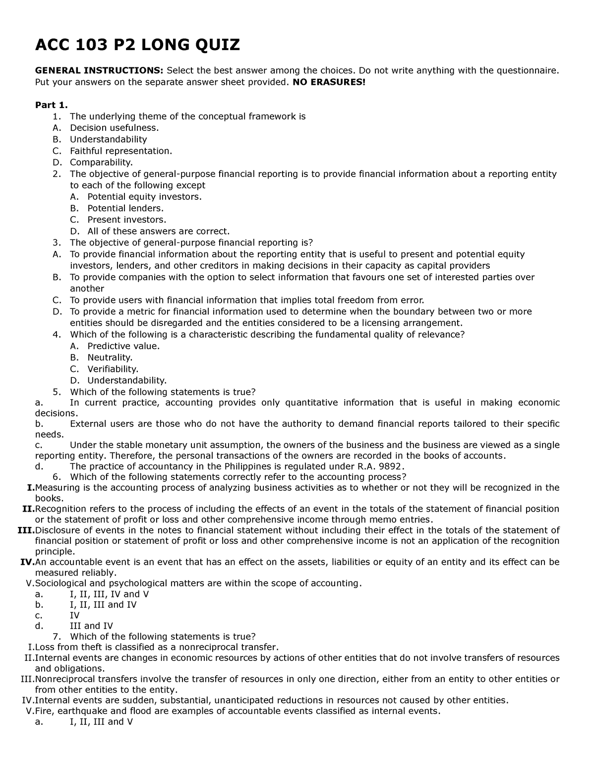 Long-quiz P1 - Bam 201 - Acc 103 P2 Long Quiz General Instructions 