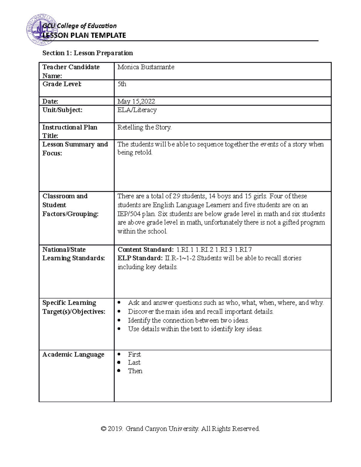 Benchmark ESL 440 - LESSON PLAN TEMPLATE Section 1: Lesson Preparation ...