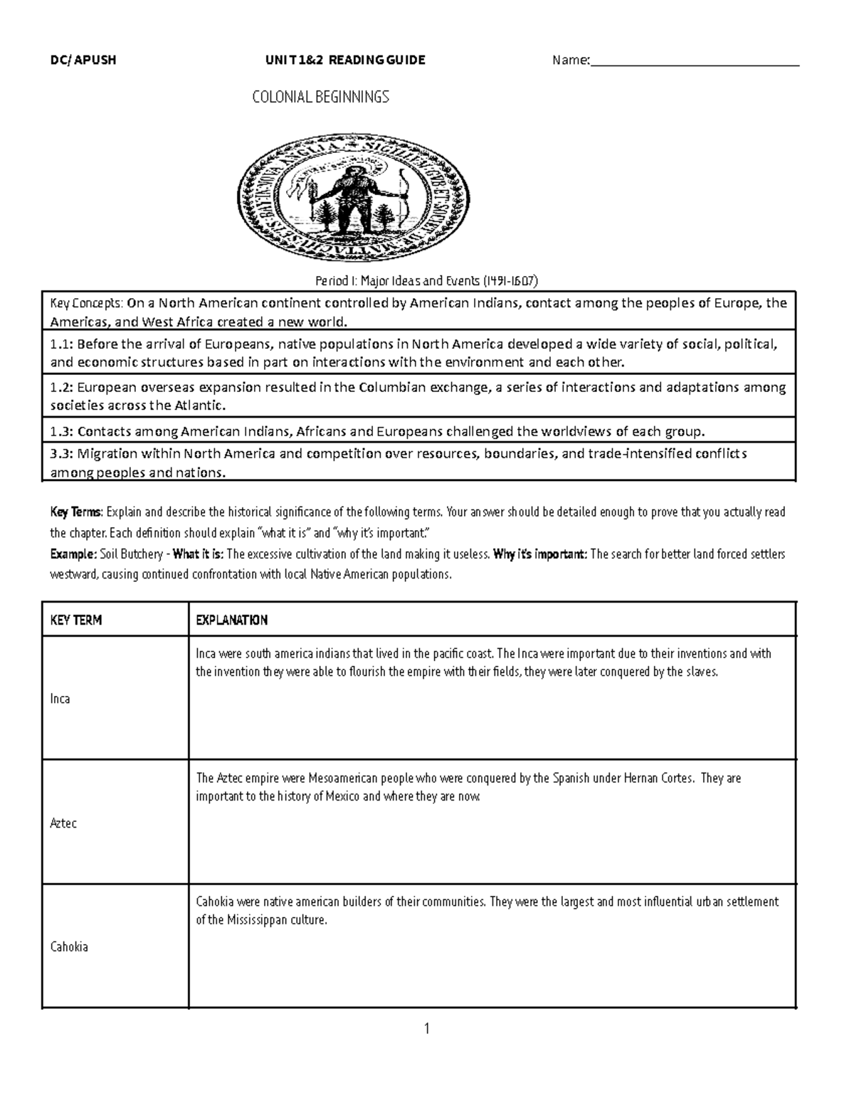 Period 1 And 2 Reading Guide 23-24 - DC/ APUSH UNIT 1&2 READING GUIDE ...