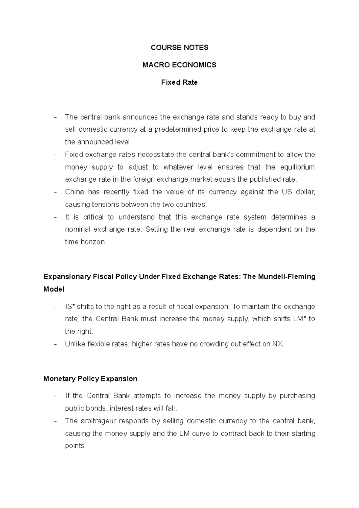 Course Notes Macroeconomics Fixed Rate - COURSE NOTES MACRO ECONOMICS ...