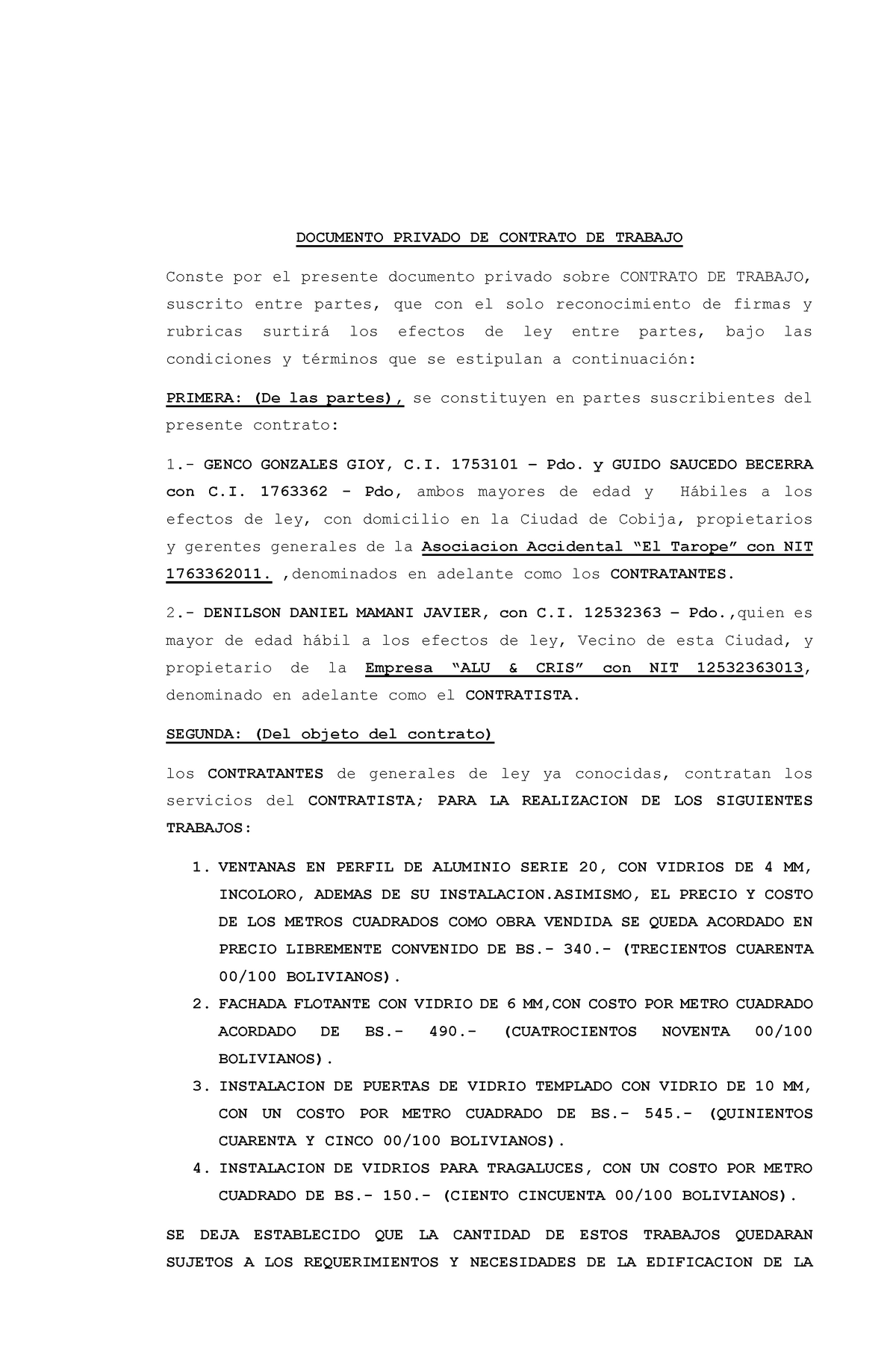 Documento Privado DE Contrato DE Trabajo 123 - DOCUMENTO PRIVADO DE CONTRATO  DE TRABAJO Conste por - Studocu