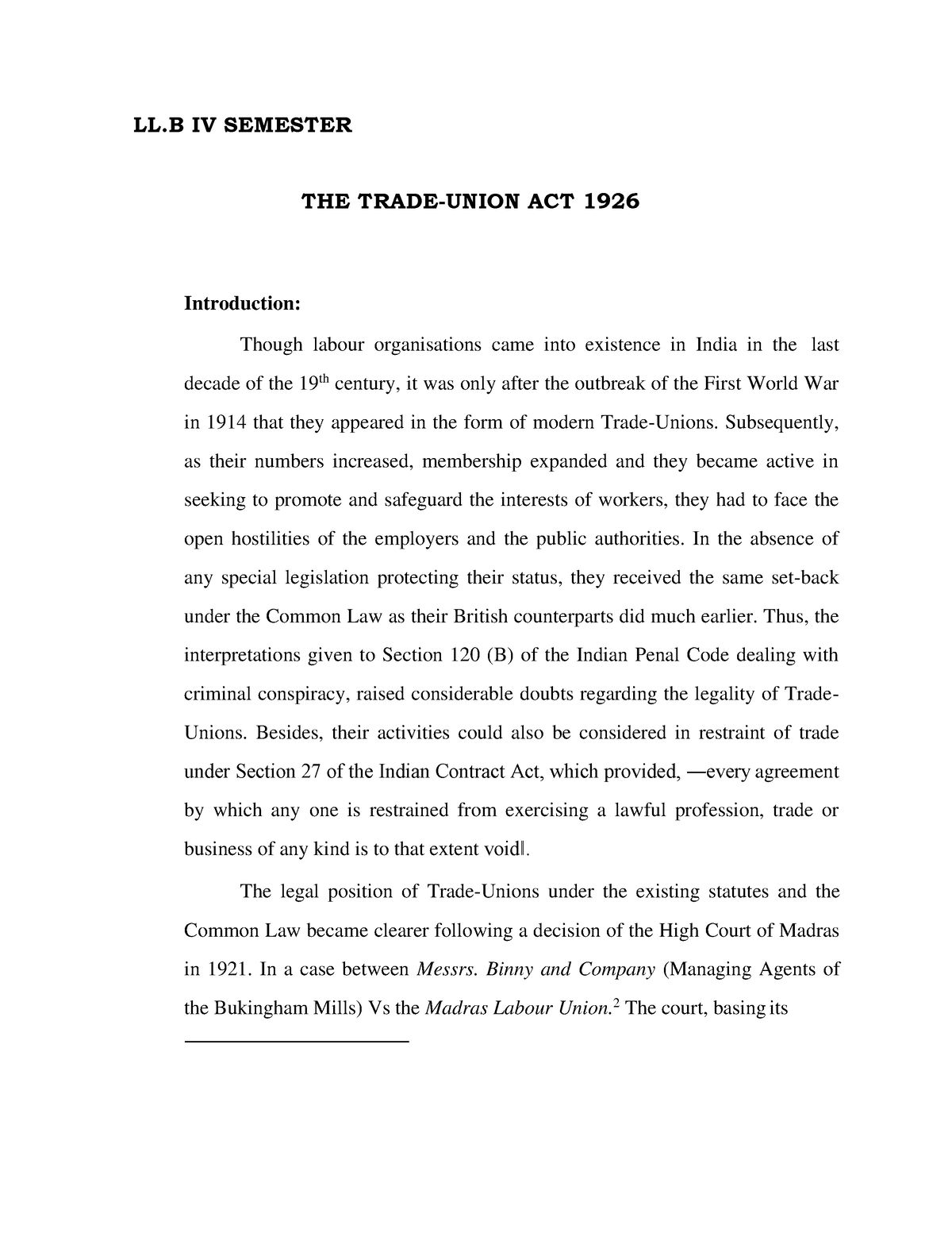 Trade Union 2-converted 11-4 - LL IV SEMESTER THE TRADE-UNION ACT 1926 ...