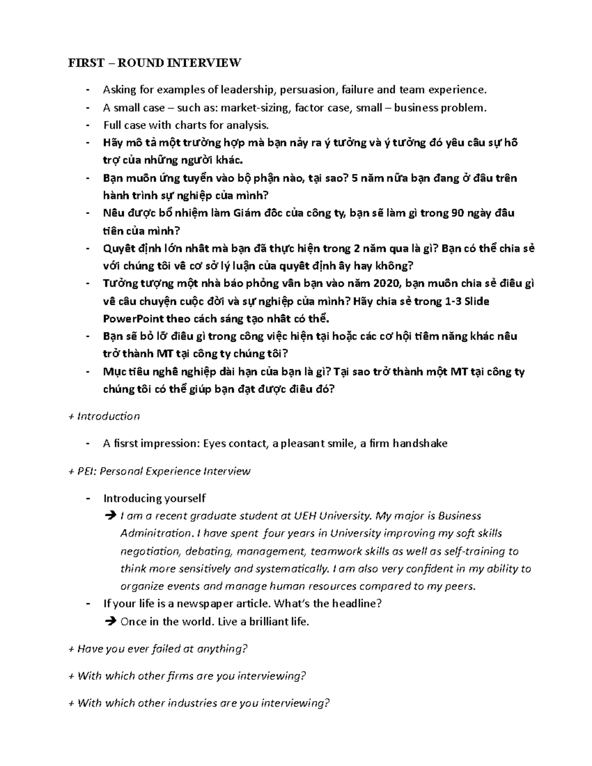 Case in point - sumerise - FIRST – ROUND INTERVIEW Asking for examples ...