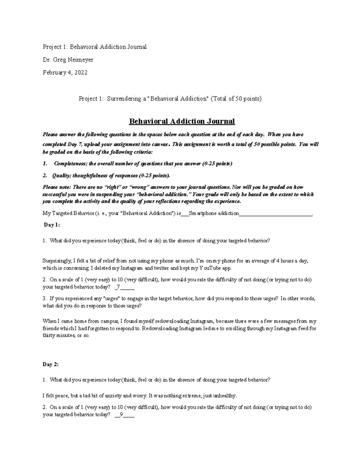 Behavioraljournal - Behavioral Journal Coursework - Project 1 ...