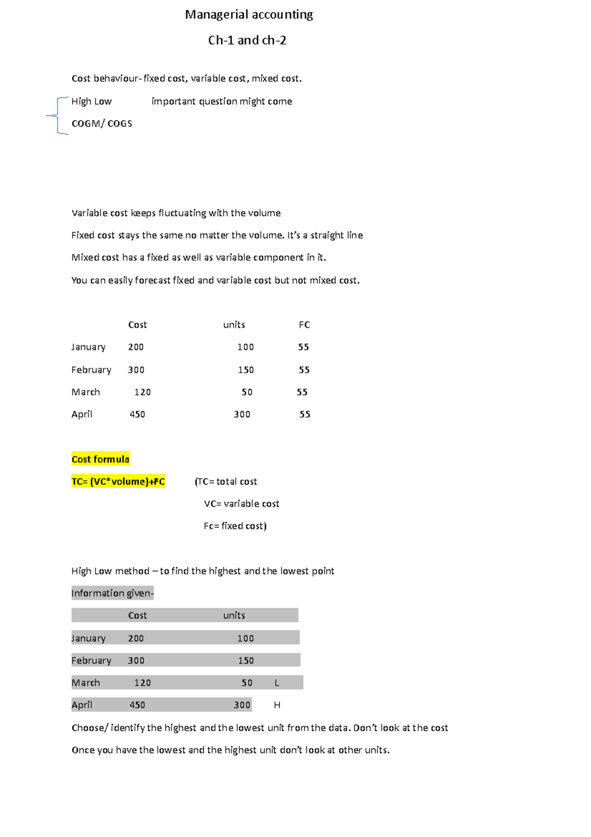 Managerial accounting ch1, ch2 Cost behaviour fixed cost, variable