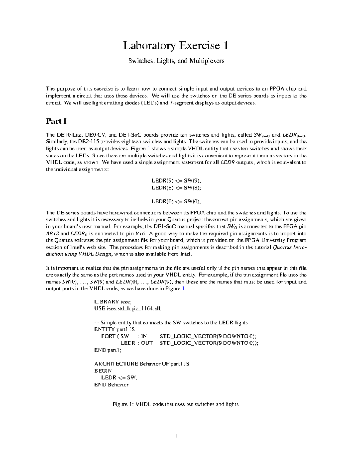 Lab1 lab Laboratory Exercise 1 Switches, Lights, and Multiplexers