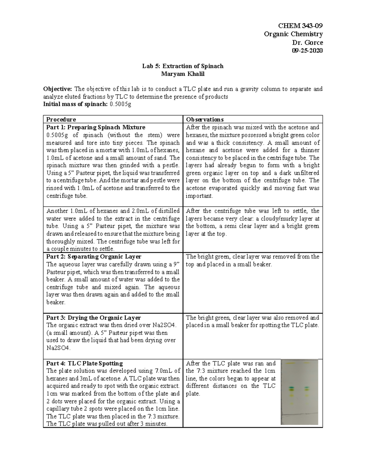Lab 5 Extraction of Spinach CHEM 343 UofL Studocu