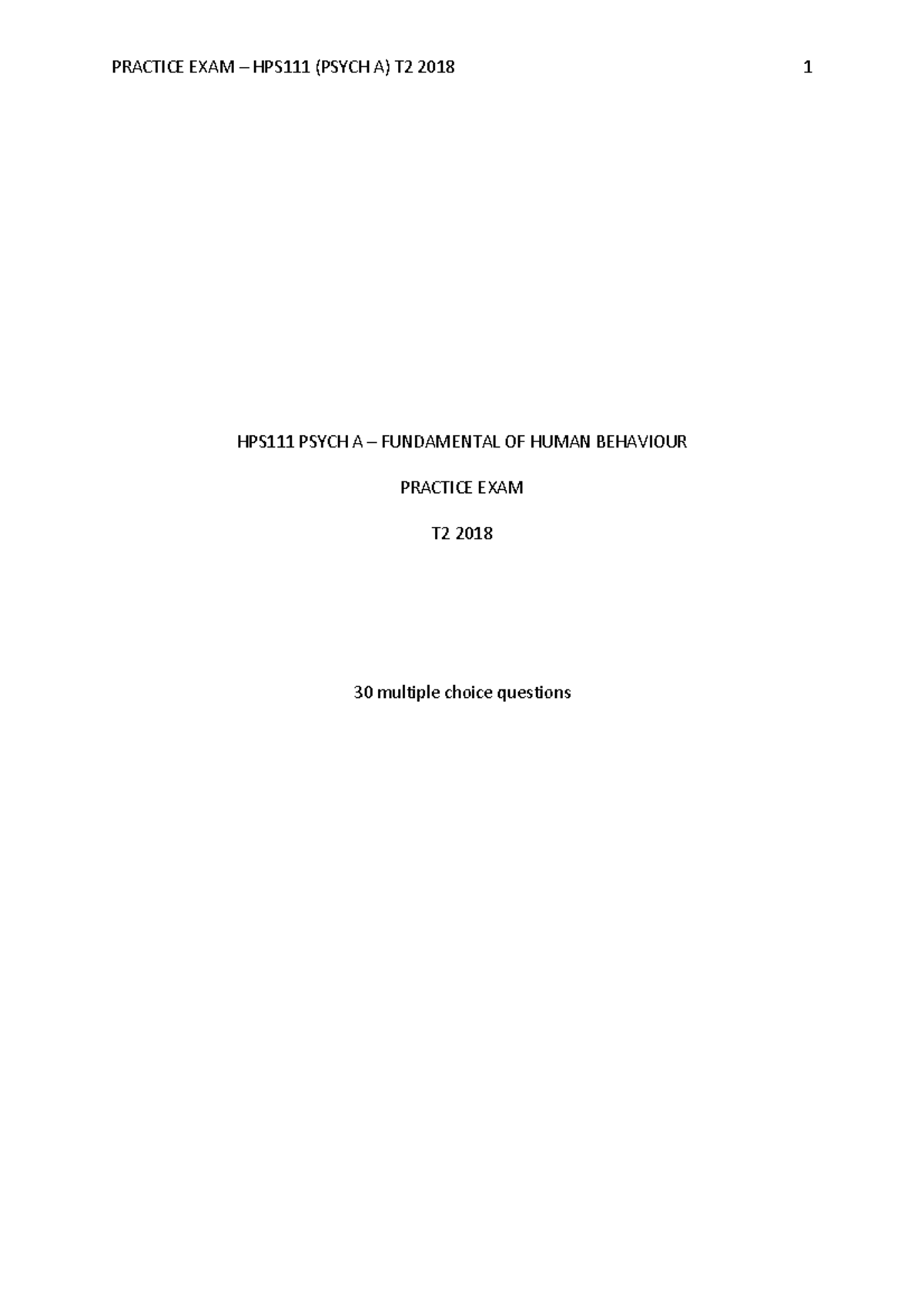 Hps111 practice exam - HPS111 PSYCH A – FUNDAMENTAL OF HUMAN BEHAVIOUR ...