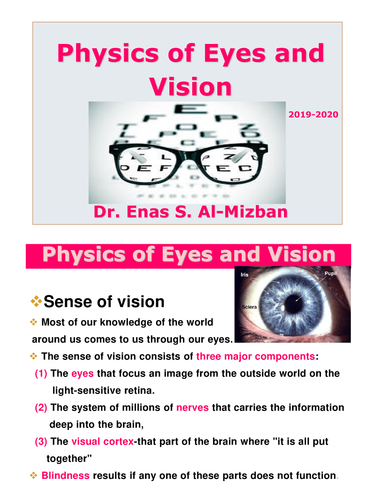 Physics Of Eyes And - Physics Of Eyes And Vision 2019- Dr. Enas S. Al ...